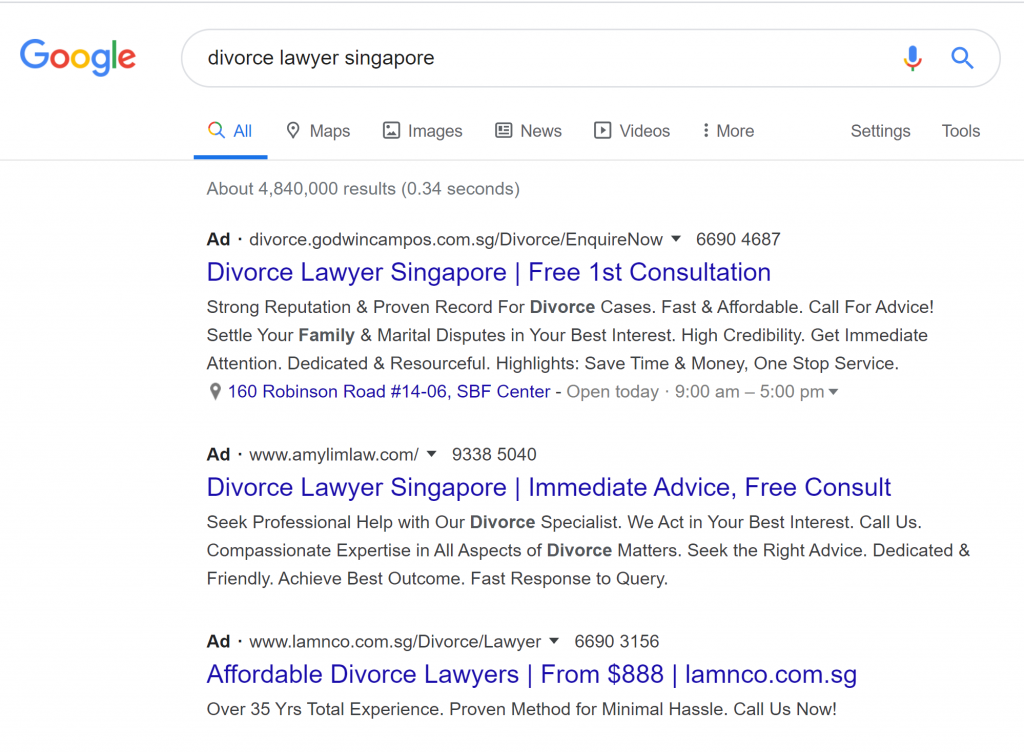 SEM Search Results on Google